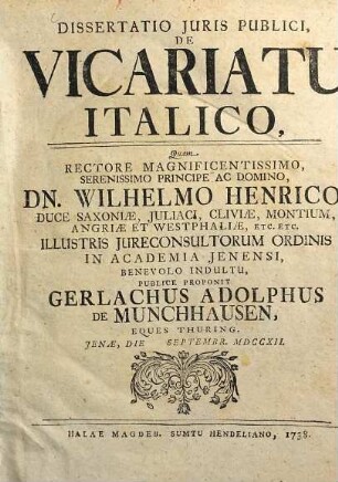 Dissertatio Iuris Publici De Vicariatu Italico,