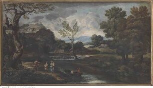 Flusslandschaft mit Figuren und Ruderboot