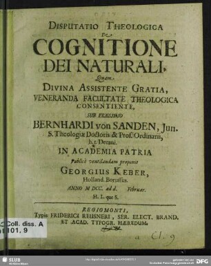 Disputatio Theologica De Cognitione Dei Naturali