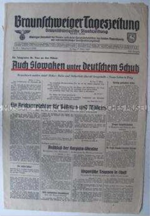 "Braunschweiger Tageszeitung" zur Besetzung der Tschechei und der Errichtung des Protektorats Böhmen und Mähren