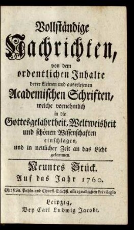 Neuntes Stück. Auf das Jahr 1760