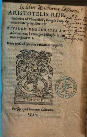 Aristotelis Rhetoricorum ad Theodecten, Georgio Trapezuntio interprete, libri III