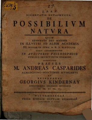 Diss. metaphys. de possibilium natura