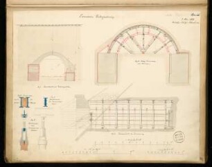 Eisenbahntunnel Monatskonkurrenz Mai 1873: Längsschnitt, 2 Querschnitte, Details; 3 Maßstabsleisten