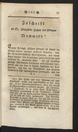 Zuschrift an Se. Königliche Hoheit den Prinzen Nachwelt