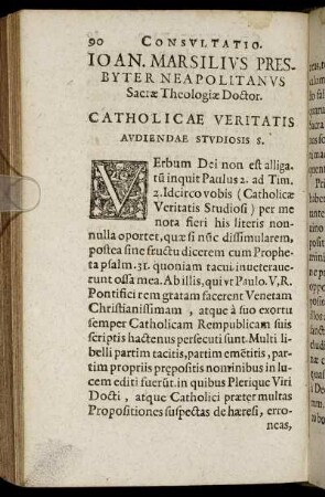 Ioan. Marsilius Presbyter Neapolitanus Sacræ Theologiæ Doctor. Catholicæ Veritatis Audiendæ Studiosis S.