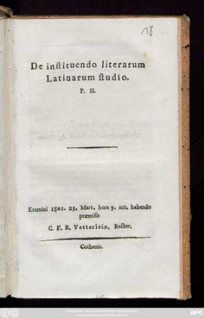 P. 2: Examini 1801 23. Mart. hora 9. ant. habendo