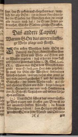 Das andere Capitel/ Warum Gott das unvernünfftige Viehe plage und straffe.