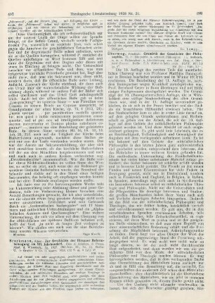 498-499 [Rezension] Überweg, Friedrich, Grundriß der Geschichte der Philosophie. Teil 2: Die patristische und scholastische Philosophie. 11., neubearb. Aufl
