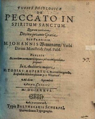 Theses theol. de peccato in spiritum S.