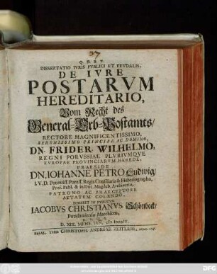 Dissertatio Ivris Pvblici Et Fevdalis, De Ivre Postarvm Hereditario