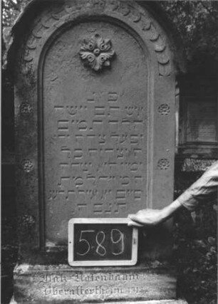 Grabstein 589 (Index: 99895362) Material: Sandstein Zustand: gut Maße HxBxT: 175x57x20 cm Beschreibung: Stele mit Rundbogenabschluss, kleiner Verdachung und Mittelakroter; Sockel Symbolik: Blüte: Grabstein 589 (2)
