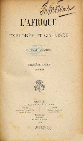 L' Afrique explorée et civilisée : journal mensuel. 1, 1. 1879/80