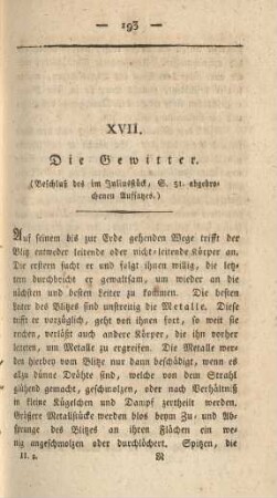 XVII. Die Gewitter. (Beschluß des im Juliusstück, S. 51. abgebrochenen Aufsatzes.)