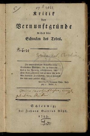 Kritik der Vernunftgründe wider die Schrecken des Todes