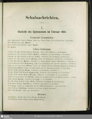 I. Statistik des Gymnasiums Ende Februar 1884