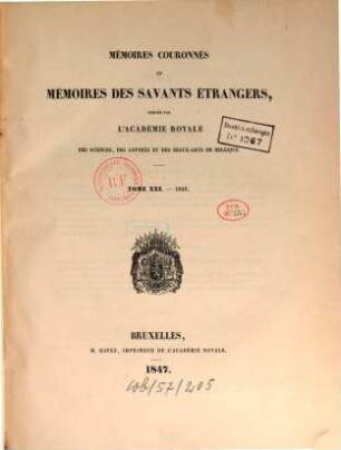 Mémoires couronnés et mémoires des savants étrangers, 21. 1846