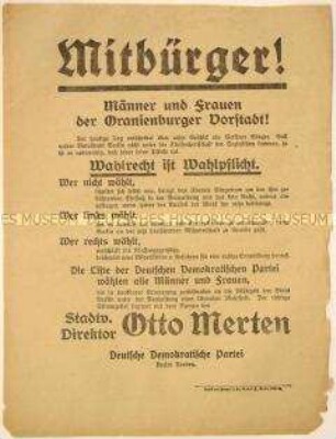 Programmatischer Wahlaufruf der Deutschen Demokratischen Partei zur Unterstützung Otto Mertens bei der Berliner Stadtverordnetenwahl 1919
