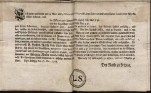 Es ist zwar aus denen am 29. Mart. und 5. Novembr. 1763. publicirten Patenten ... bekannt, daß die Mäurer und Zimmerleute täglich nicht über 8 gr. und die Tagelöhner täglich nicht über 4 gr. zum Lohne bekommen, ... : Sign. Leipzig, den 26. Mart. 1765.