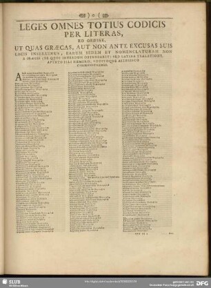 Leges Omnes Totius Codicis Per Literas, Eo Ordine, Ut Quas Graecas, Aut Non Ante Excusas Suis Locis Inseruimus, Earum Sedem Et Nomenclaturam Non A Graecis (Ne Quos Interdum Obturbaret) Sed Latina Tralatione, Aptato Illi Numero, Additoque Asterisco Commonstremus