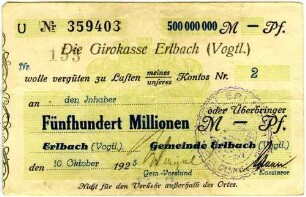 Scheck zur Verrechnung über Fünfhundert Million Mark