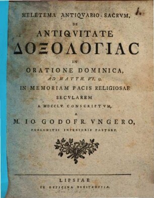 Meletema antiquario-sacrum, de antiquitate doxologias in oratione dominica ad Matth. VI, 13.