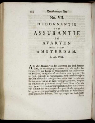 No. VII. Ordonnantie van Assurantie en Avaryen der Stad Amsterdam.