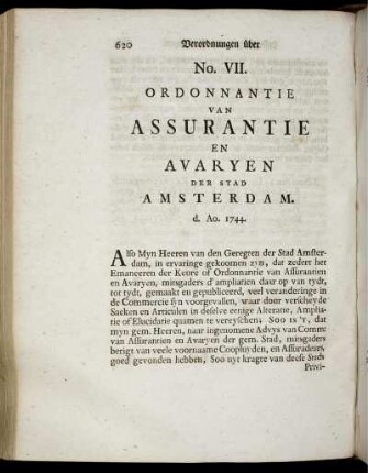No. VII. Ordonnantie van Assurantie en Avaryen der Stad Amsterdam.