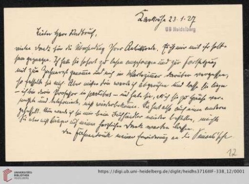 Nachlass Gustav Radbruch. Korrespondenz Ernst Fuchs/Gustav Radbruch: Brief von Ernst Fuchs an Gustav Radbruch