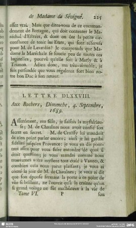 Lettre DLXXVIII. Aux Rochers, Dimanche, 4. Septembre, 1689