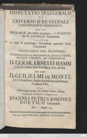 Disputatio Inauguralis Ex Universo Jure Feudali Longobardico-Germanico