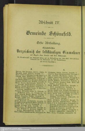 Erste Abtheilung. Einwohnerverzeichnis : Erste Abtheilung. Alphabetisches Verzeichniß der selbständigen Einwohner