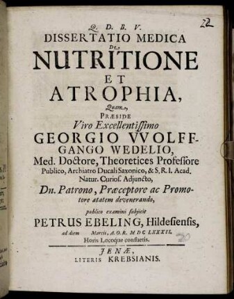 Dissertatio Medica De Nutritione Et Atrophia