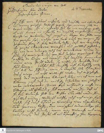 Brief von August Hermann Francke an Christian Thomasius.