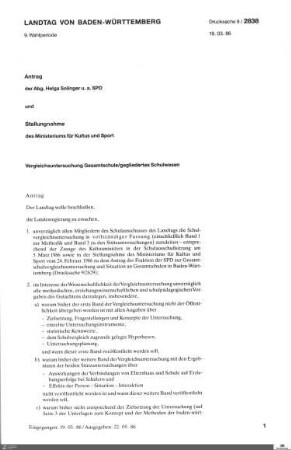 Antrag der SPD: Vergleichsuntersuchung Gesamtschule/ gegliedertes Schulwesen