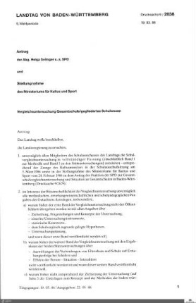 Antrag der SPD: Vergleichsuntersuchung Gesamtschule/ gegliedertes Schulwesen