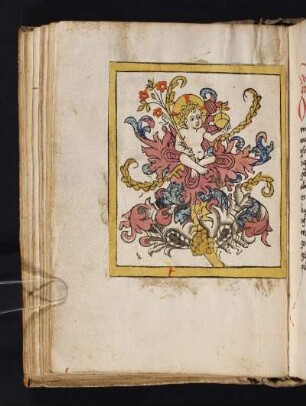 Jesuskind in einer Blüte (Neujahrsgruß), eingeklebter kolorierter Holzschnitt