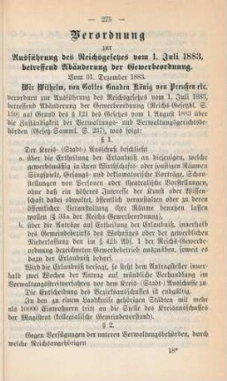 Verordnung zur Ausführung des Reichsgesetzes vom 1. Juli 1883, betreffend Abänderung der Gewerbeordnung. Vom 31. Dezember 1883.