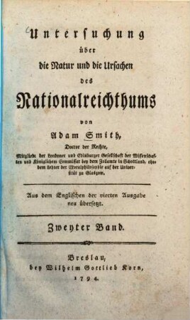 Untersuchung über die Natur und die Ursachen des Nationalreichthums, 2