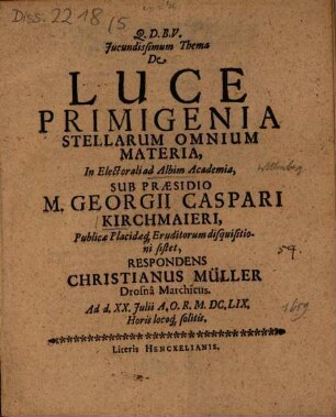 Iucundissimum thema de luce primigenia stellarum omnium materia