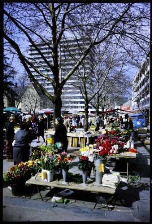 Lörrach: Marktszene, Vordergrund Blumenstand, Hintergrund Hochhaus