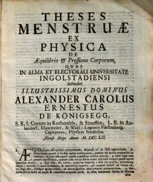 Theses Menstruae Ex Physica De Æquilibrio & Pressione Corporum