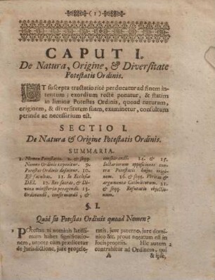 Sectio I. De Natura & Origine Potestatis Ordinis.