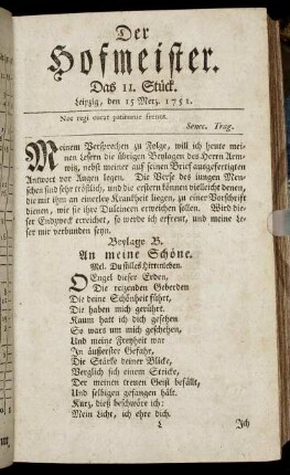 Das 11. Stück. Leipzig, den 15 Merz. 1751.