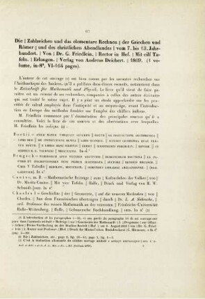 Die Zahlzeichen und das elementare Rechnen der Griechen und Römer und des christlichen Abendlandes vom 7. bis 13. Jahrhundert.