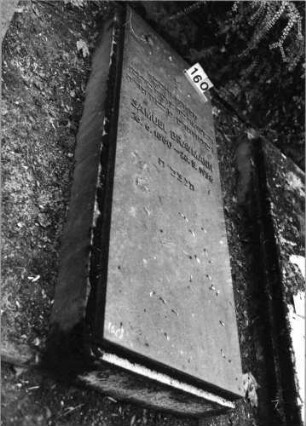 Grabstein 160 (Index: 100091490) Material: Granit, Metallbuchstaben Zustand: gut Maße HxBxT: 200x80x40 cm Beschreibung: Grabplatte auf erhöhter Grabeinfassung, aufgesetzte Lettern Symbolik: Davidstern: Grabstein 160