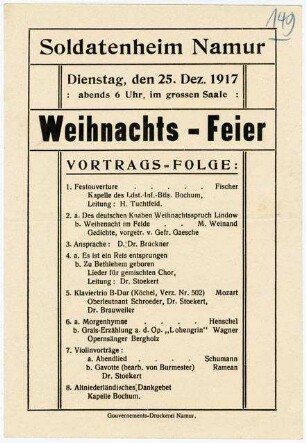 "Soldatenheim Namur ... Weihnachts-Feier", folgt: Programm
