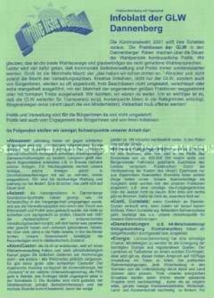 Propagandaflugblatt der Grünen Liste Wendland zur Kommunalwahl 2001