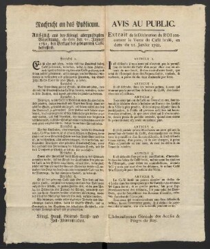 Nachricht an das Publicum. Auszug aus der Königl. allergnädigsten Verordnung, de dato den 21. Januar 1781, den Verkauf des gebrannten Caffé betreffend