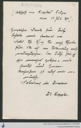 Abschrift eines Briefes von Keppler vom 15.07.1901.